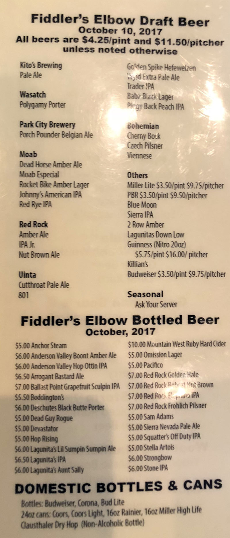 Fiddler's Elbow menu - draft beer, bottled beer, canned beer