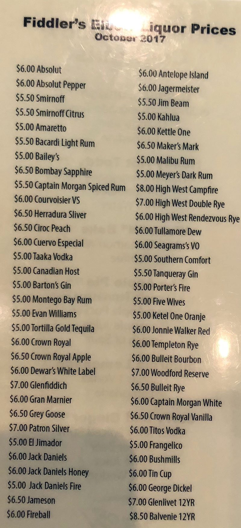 Fiddler's Elbow menu - liquor