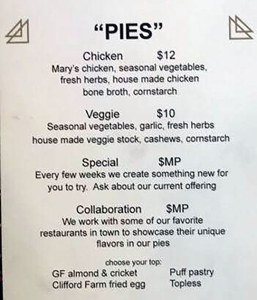 The Dispensary menu - pies