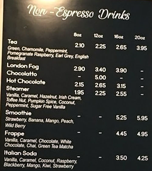 Caffe Torino menu - non espresso drinks