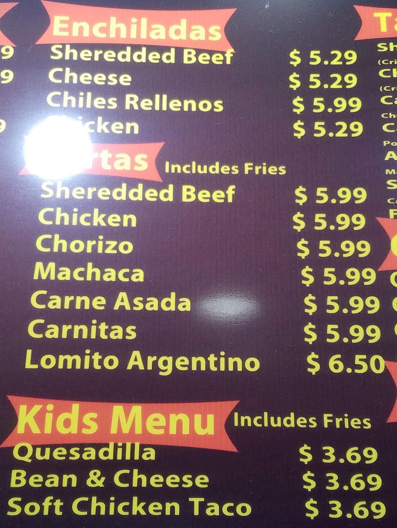 El Famous Betos menu - enchiladas, tortas, kids