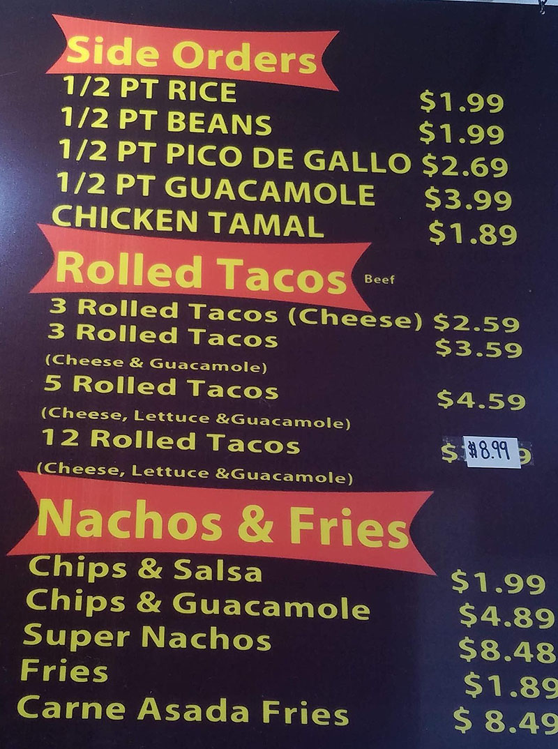 El Famous Betos menu - sides, rolled tacos, nachos, fries