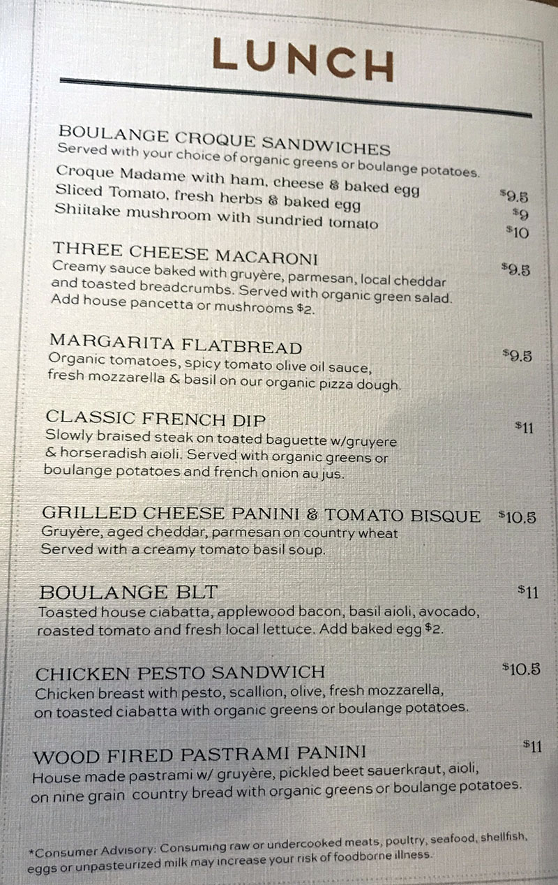 Eva's Bakery menu - lunch