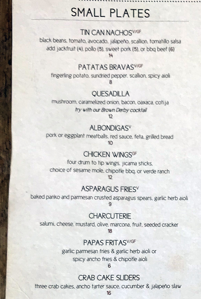 Lake Effect menu - lunch and dinner small plates