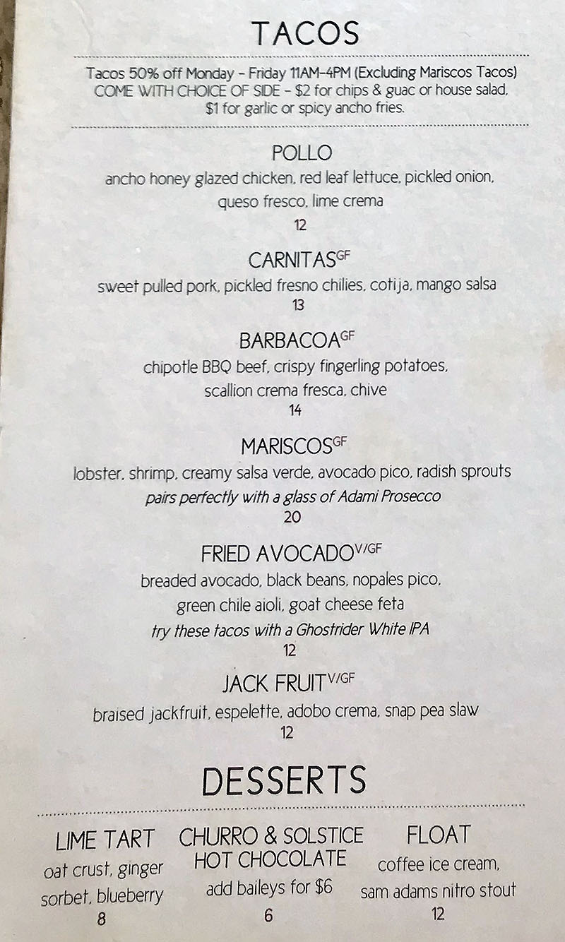 Lake Effect menu - lunch and dinner tacos, desserts