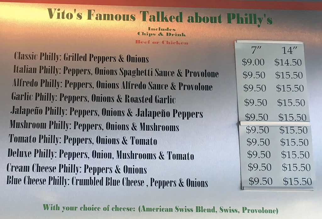 Vito's menu - Philly cheesesteaks