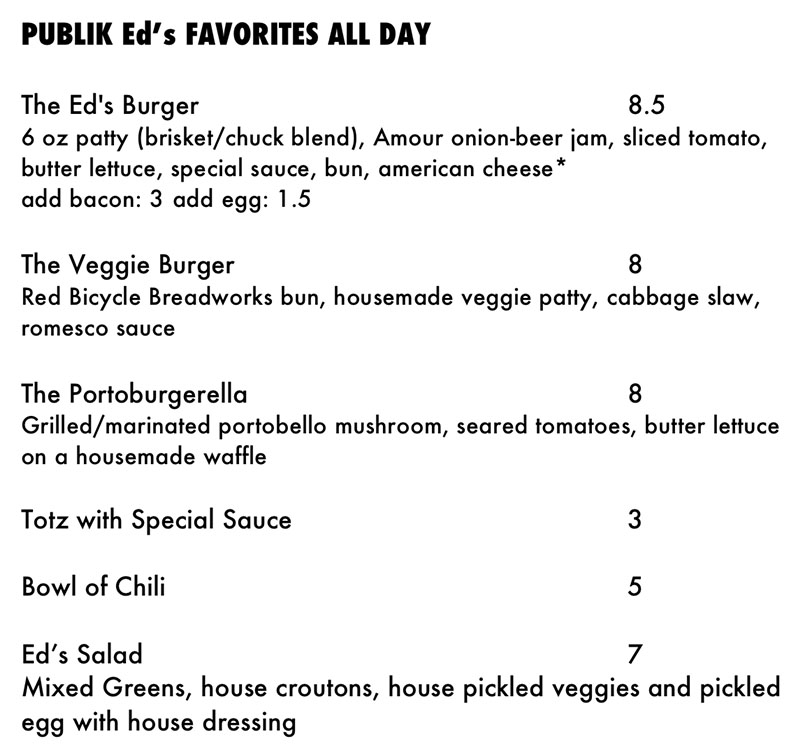 Publik Ed's menu - favorites all day