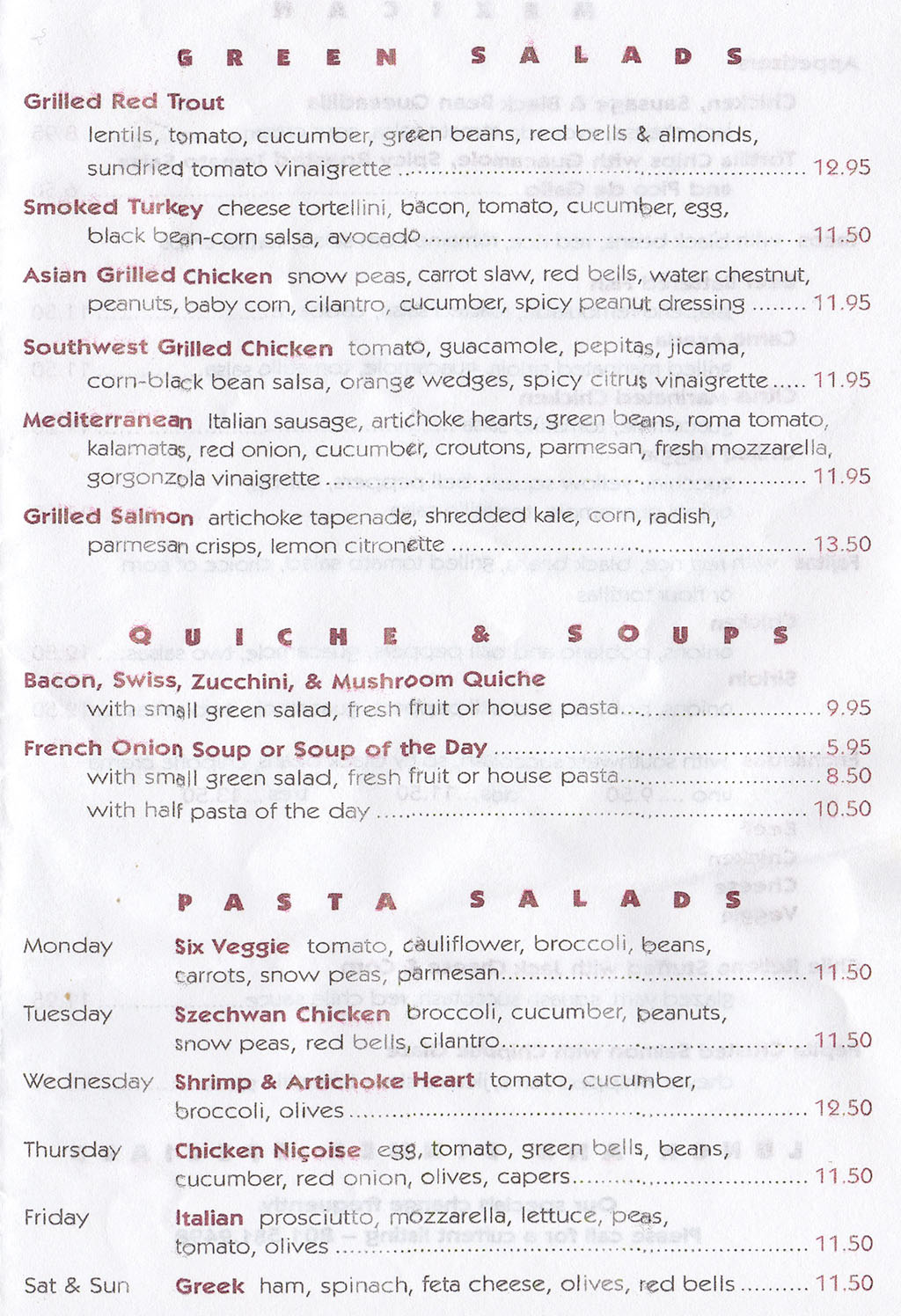 Red Butte Cafe menu - salads, soups, pasta
