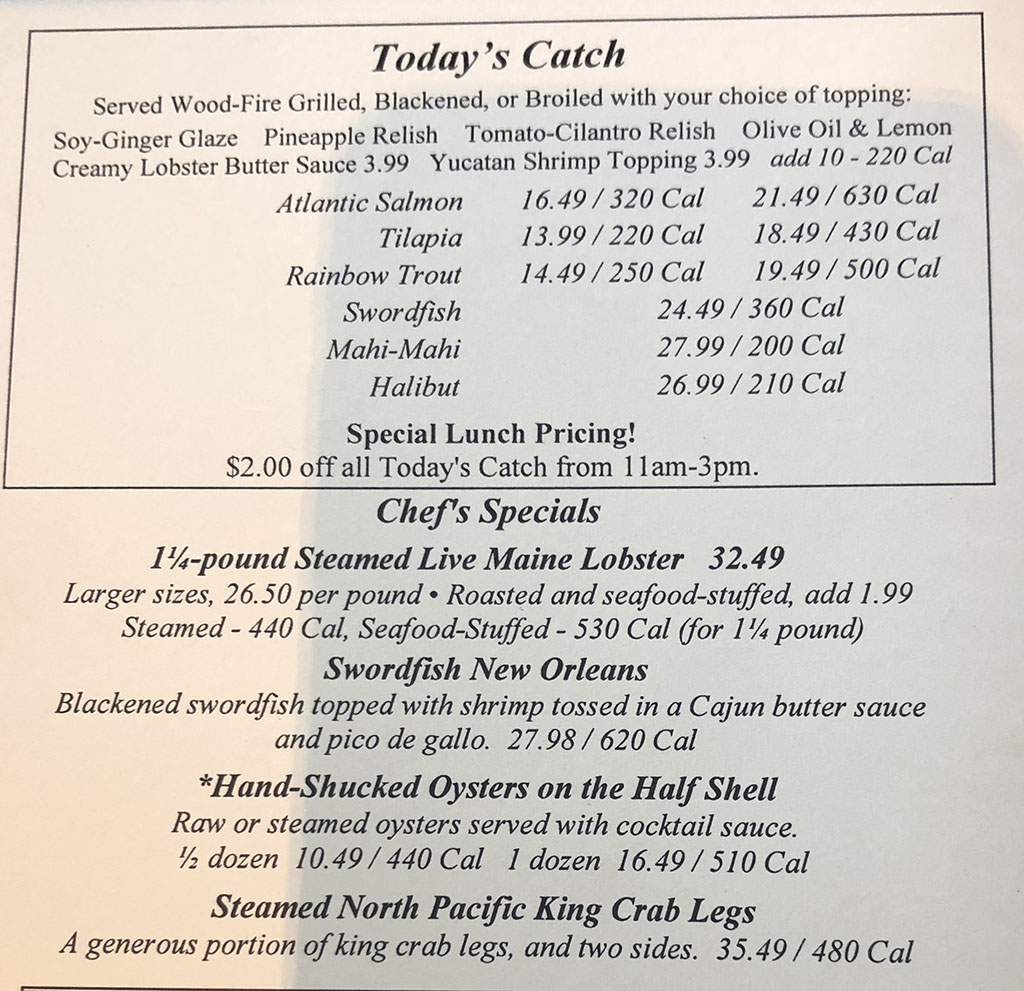Red Lobster menu - todays catch specials