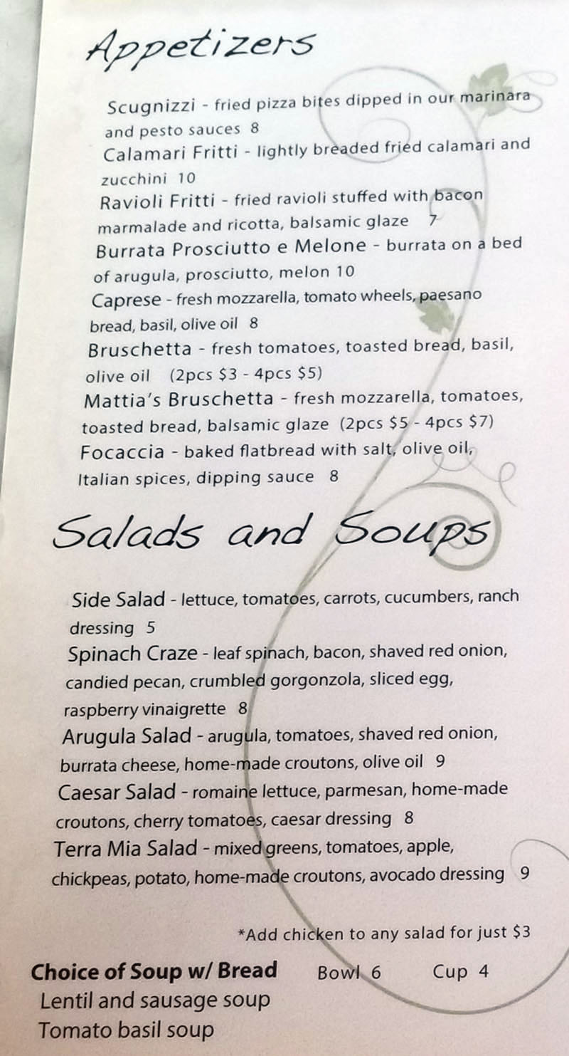 Terra Mia menu - appetizers, soups, salads