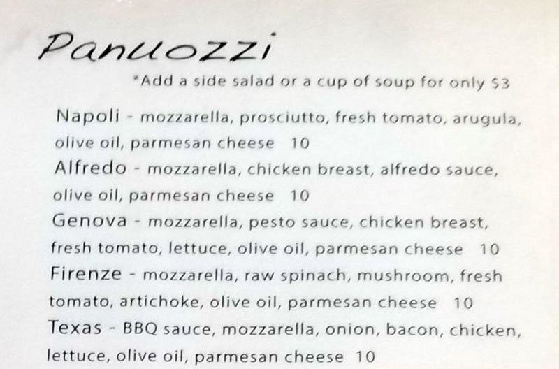 Terra Mia menu - panuozzi