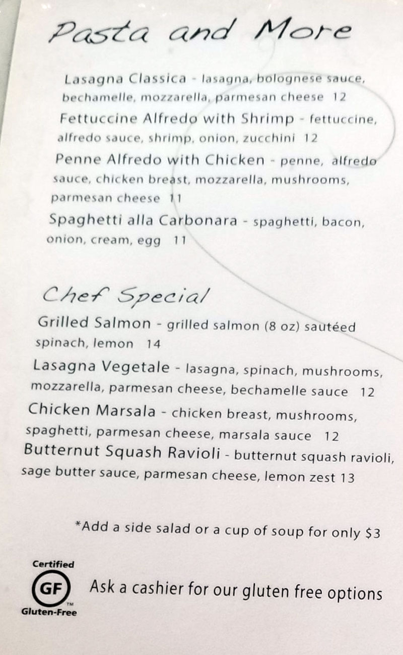 Terra Mia menu - pasta, chef special
