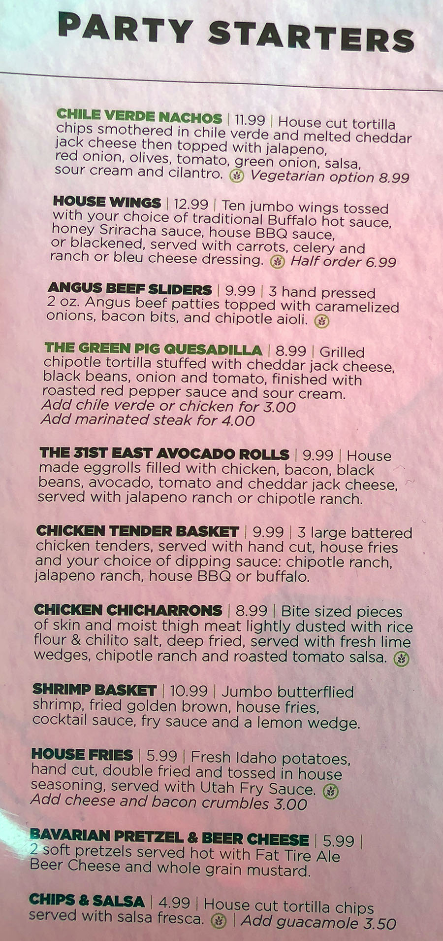 Green Pig Pub menu - party starters
