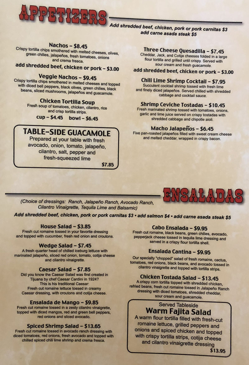 Cantina Southwestern Grill menu - appetizers, salads