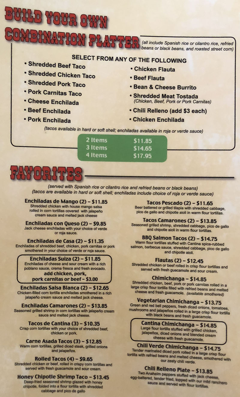 Cantina Southwestern Grill menu - build your own combo, favorites