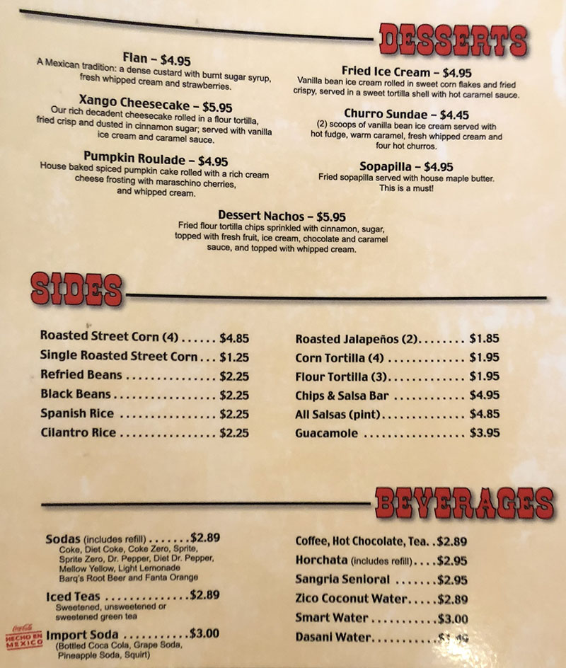 Cantina Southwestern Grill menu - desserts, sides, beverages