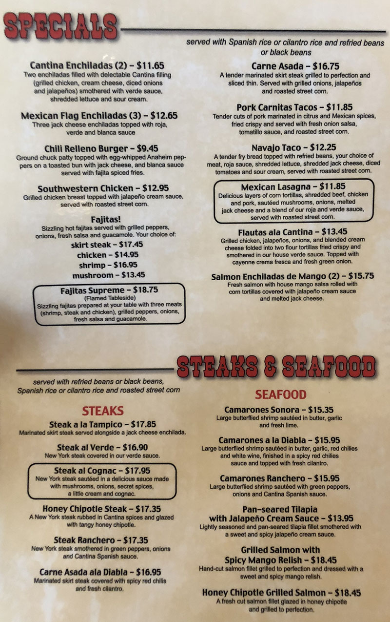 Cantina Southwestern Grill menu - specials, steaks, seafood