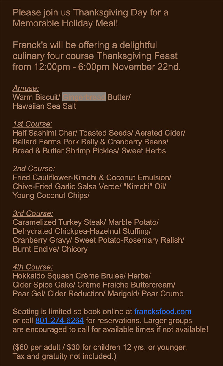 Francks Thanksgivimg 2018 menu