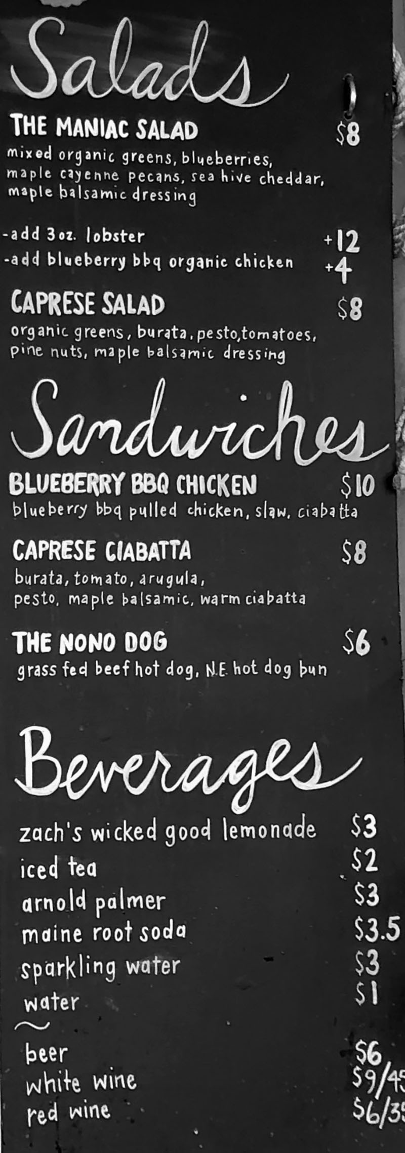 Freshies Park City menu - salads, sandwiches, beverages