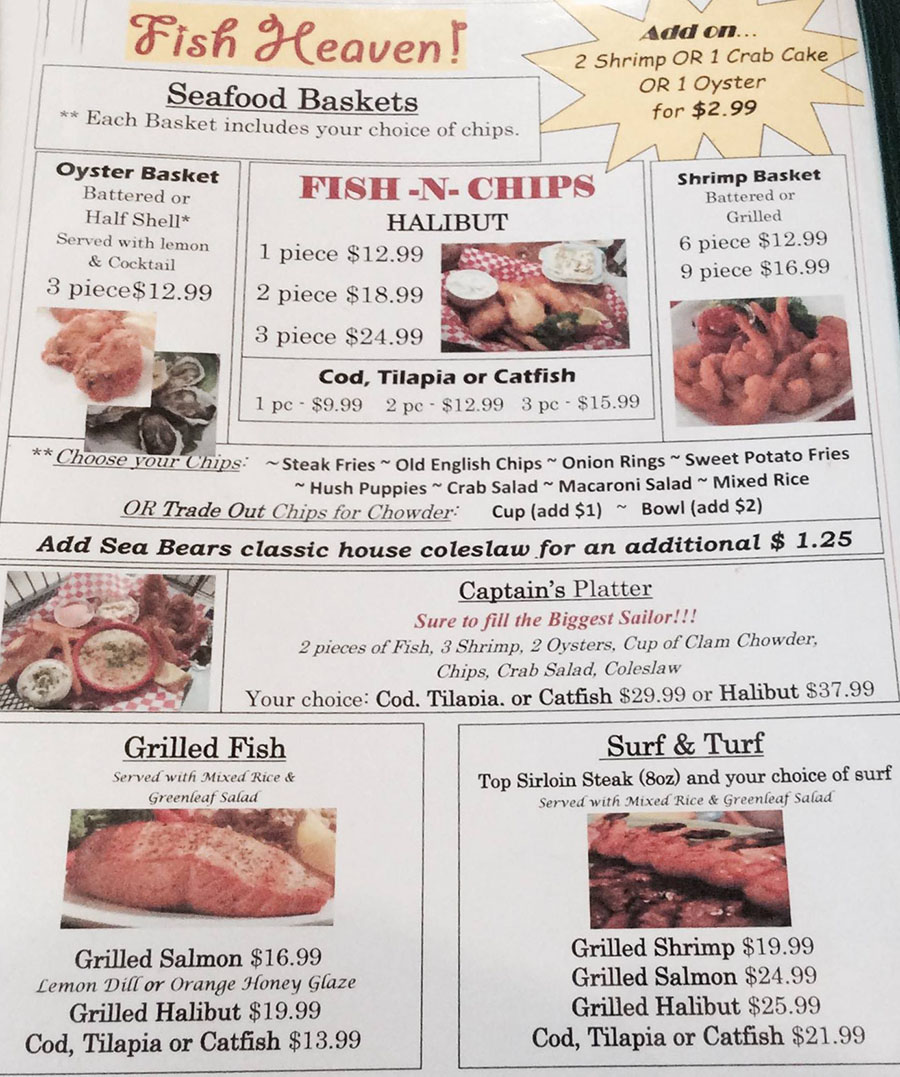 Sea Bears Fish House menu - fish and chips, other fish and seafood
