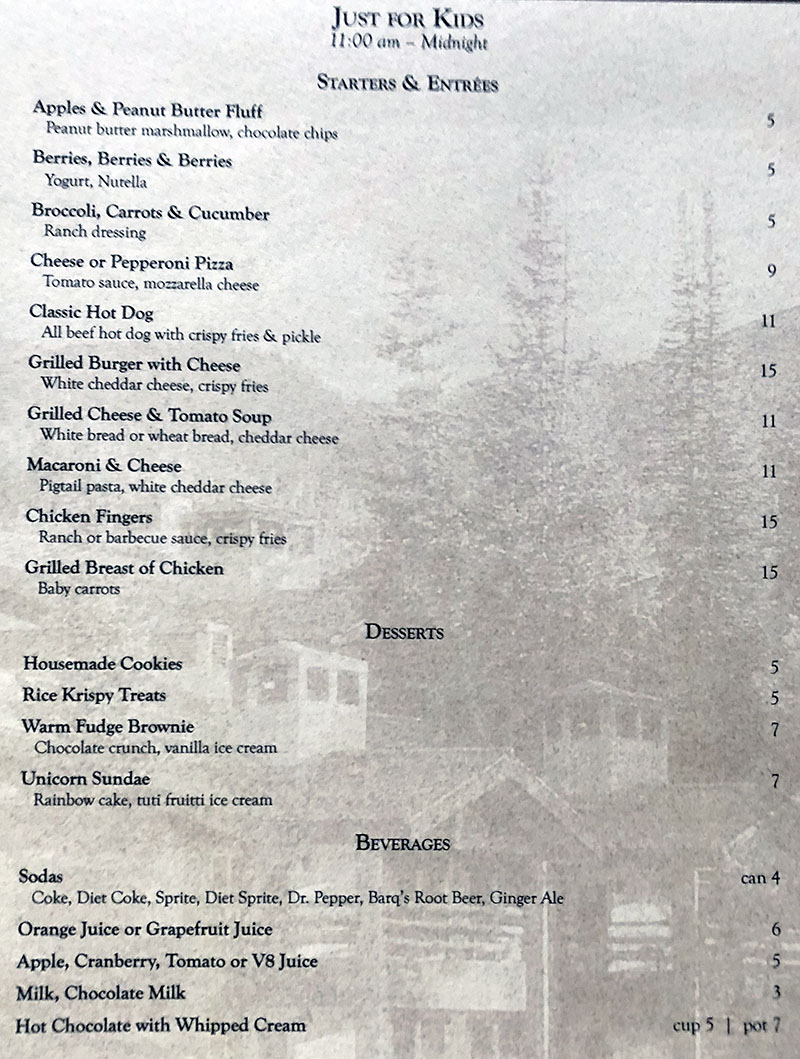 Stein Eriksen Lodge room menu - just for kids