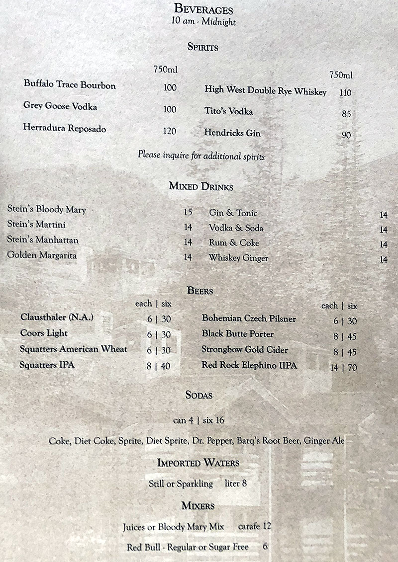 Stein Eriksen Lodge room service menu - beer, spirits, cocktails