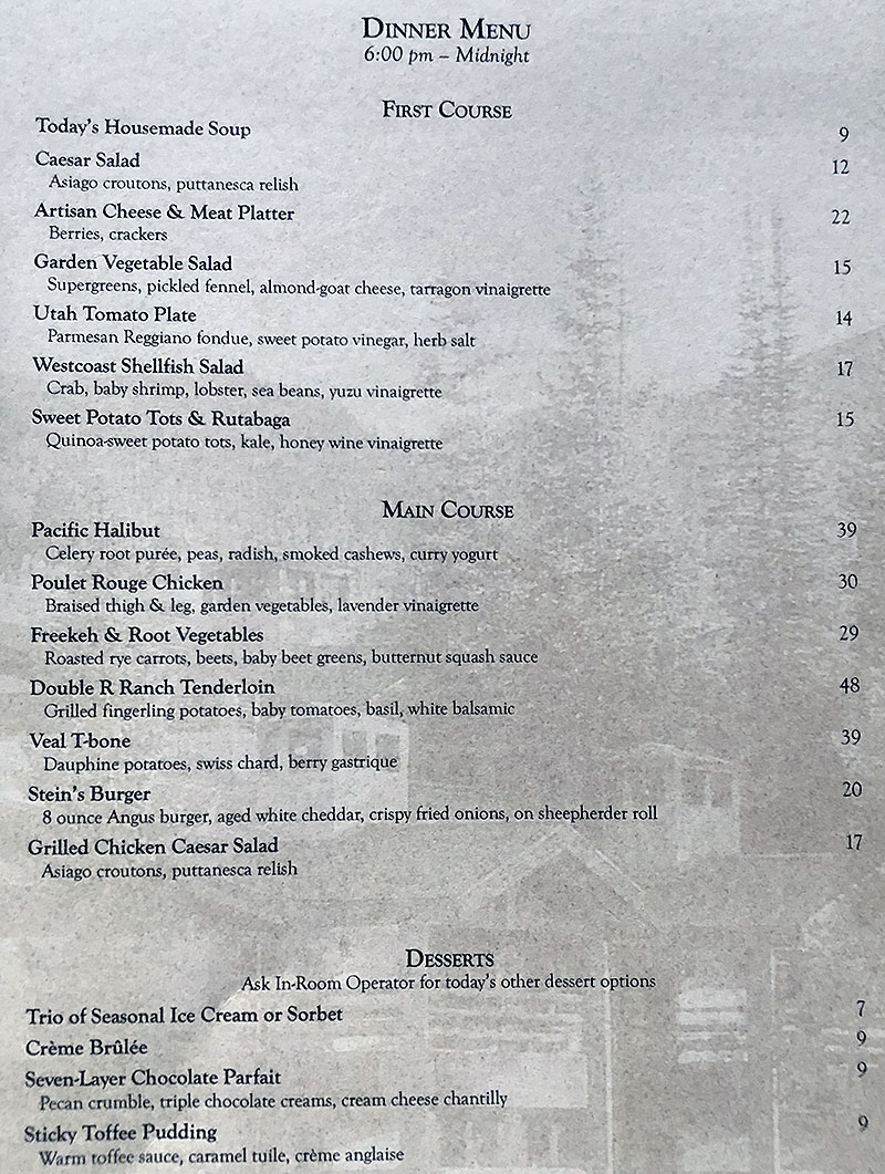 Stein Eriksen Lodge room service menu - dinner