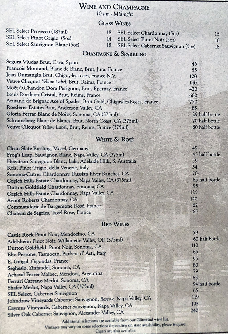 Stein Eriksen Lodge room service menu - wine and champagne