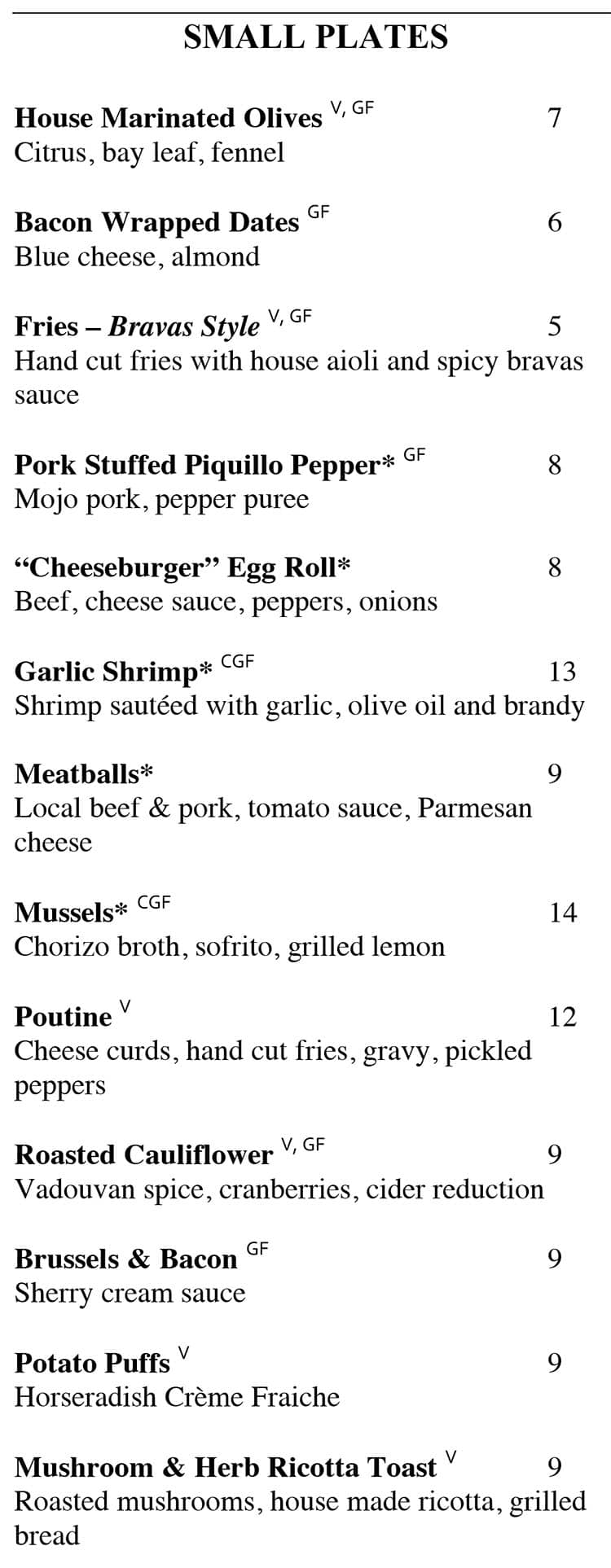 Bar George menu - small plates