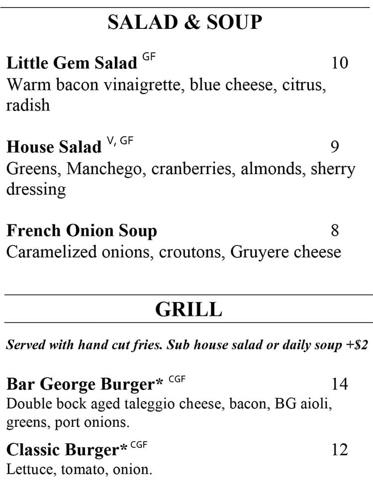 Bar George menu - soup, salad, grill