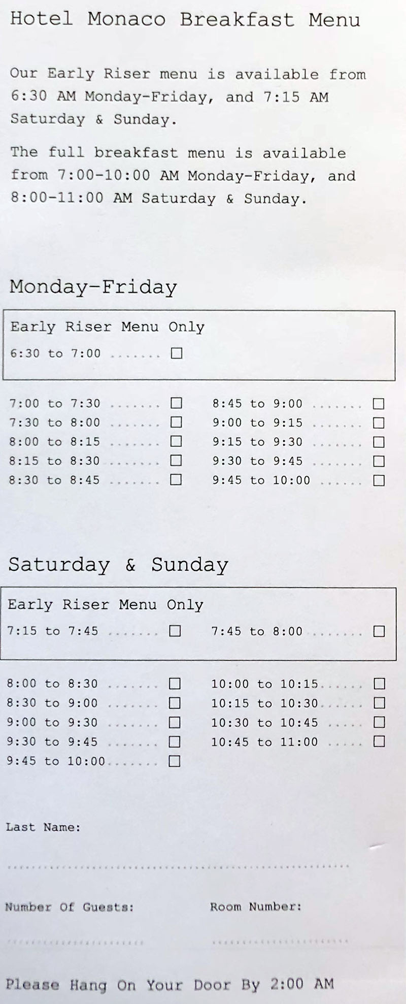 Hotel Monaco Salt Lake City room service menu - breakfast order form continued