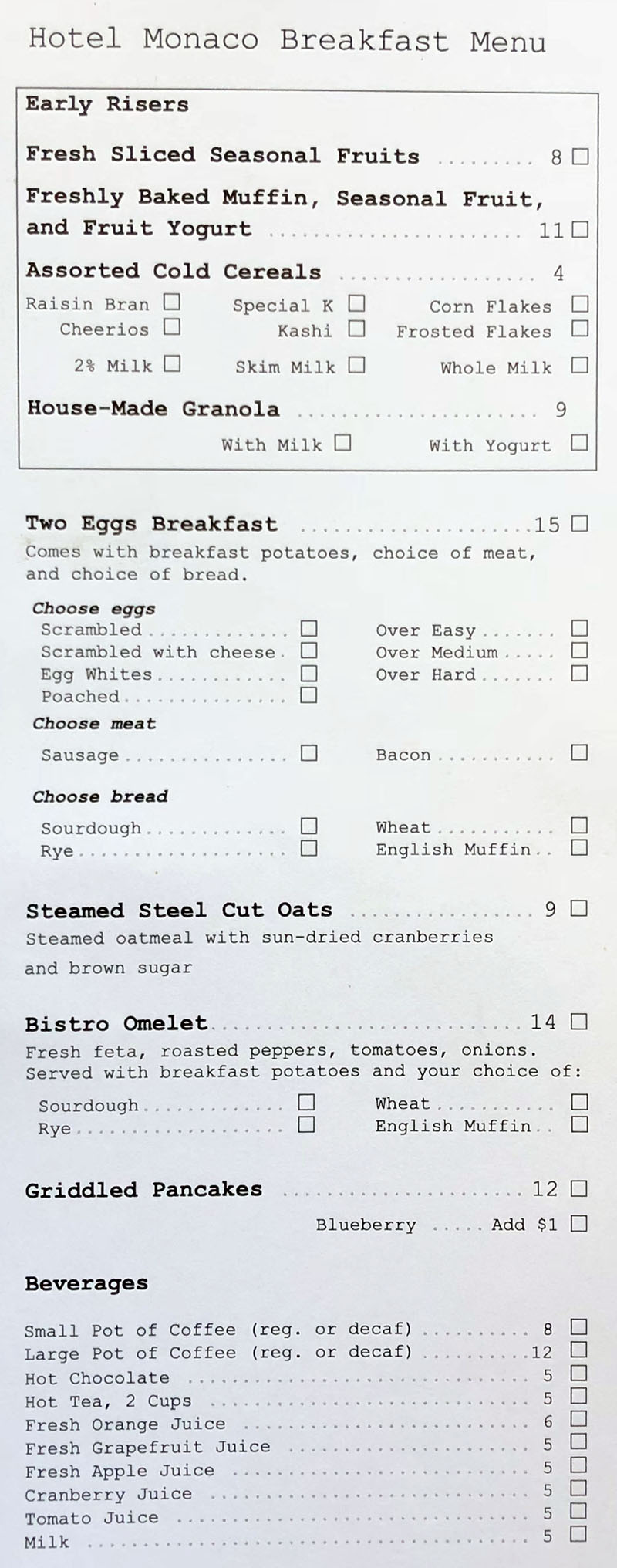 Hotel Monaco Salt Lake City room service menu - breakfast order form