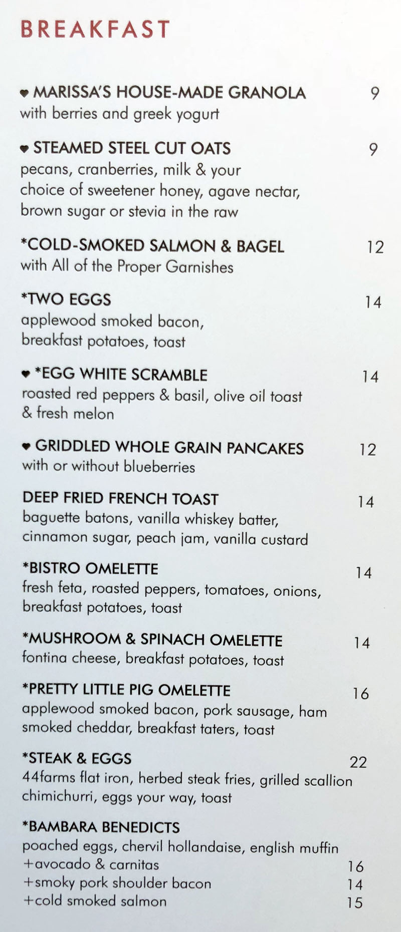 Hotel Monaco Salt Lake City room service menu - breakfast