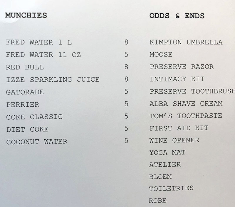 Hotel Monaco Salt Lake City room service menu - honor bar continued