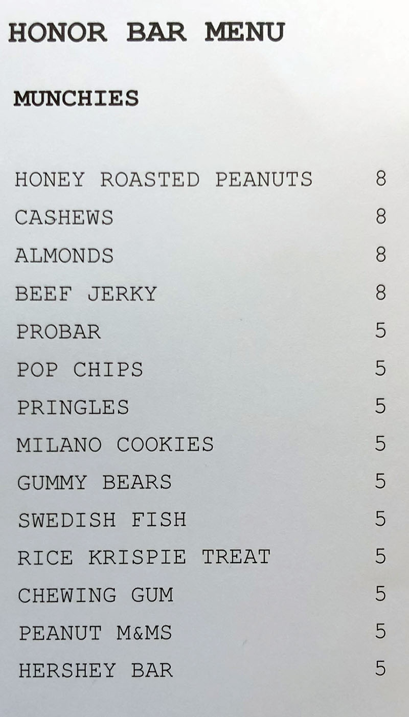 Hotel Monaco Salt Lake City room service menu - honor bar
