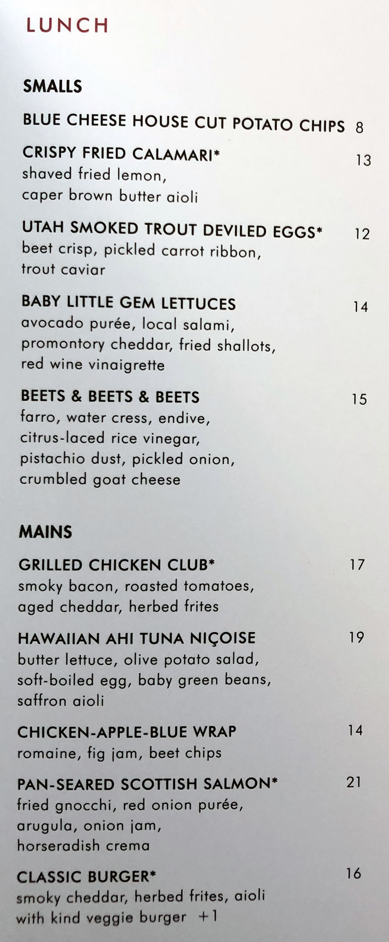 Hotel Monaco Salt Lake City room service menu - lunch
