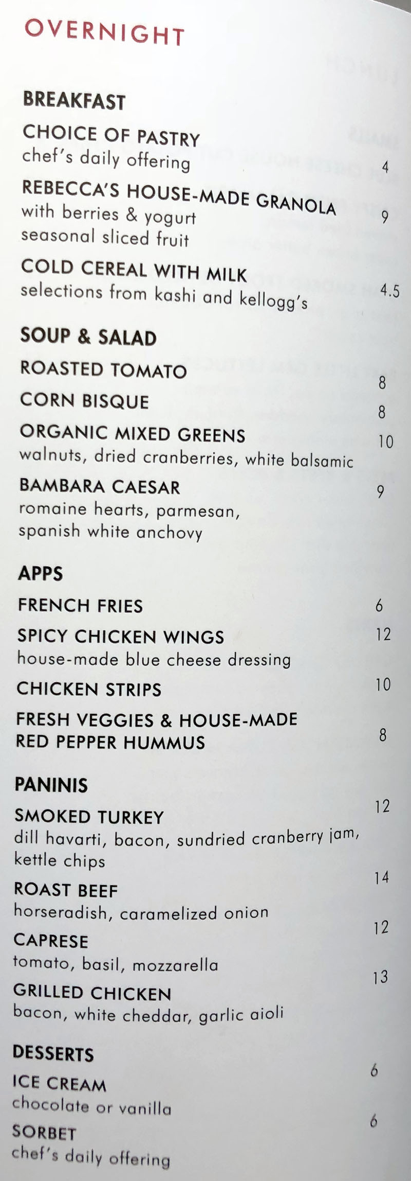 Hotel Monaco Salt Lake City room service menu - overnight