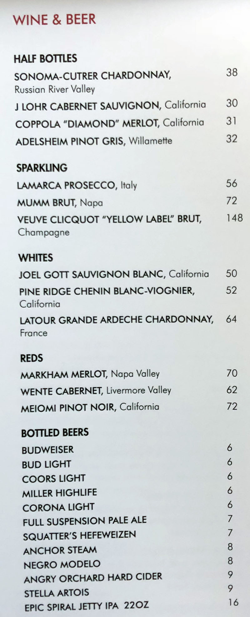 Hotel Monaco Salt Lake City room service menu - wine and beer