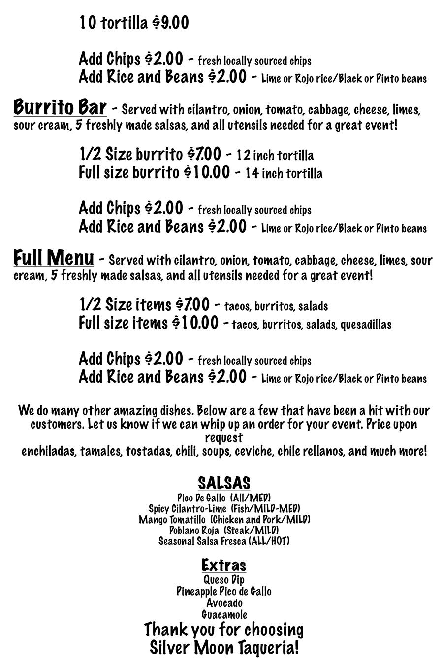 Silver Moon Taqueria catering menu page two