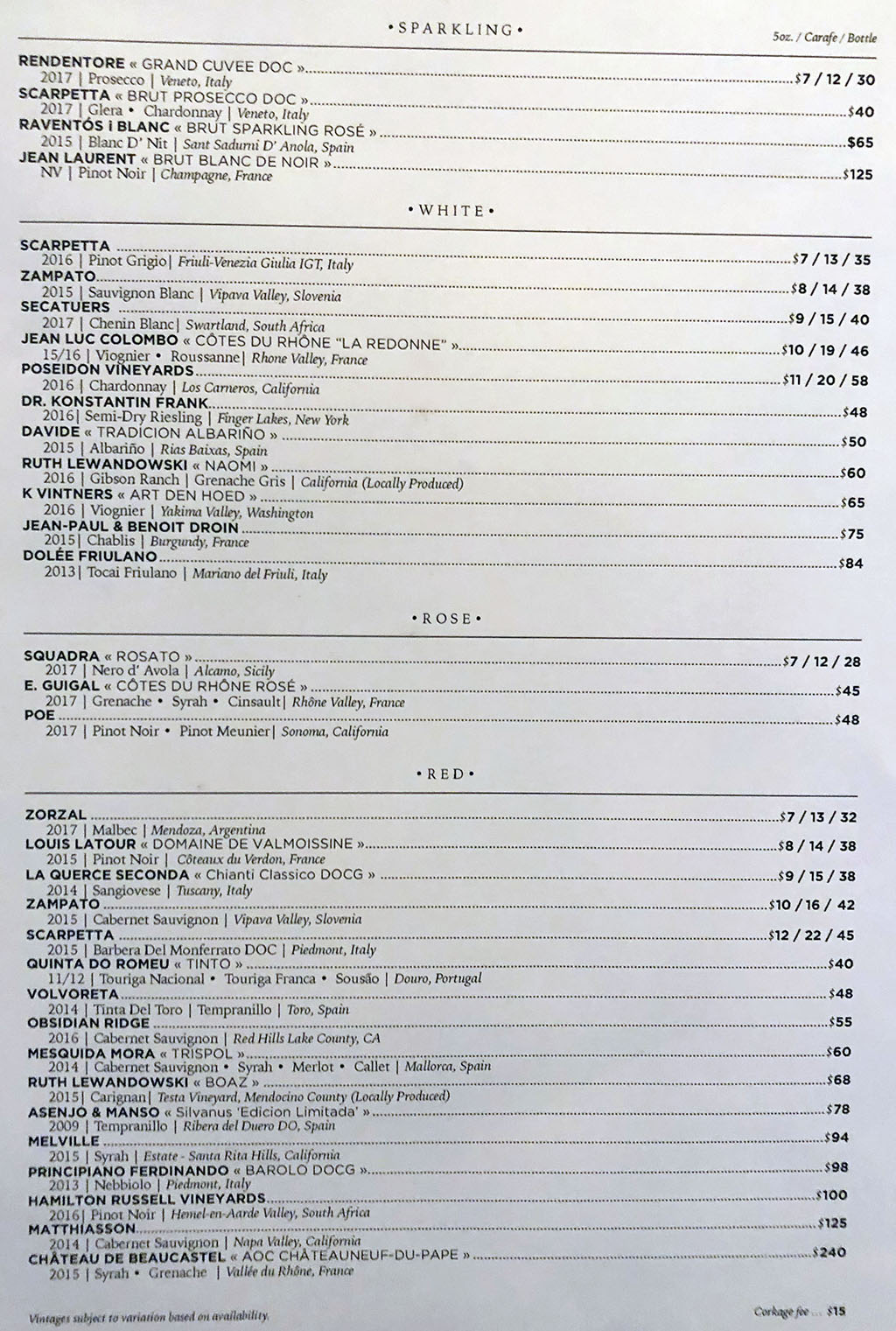 Table X menu - wine list