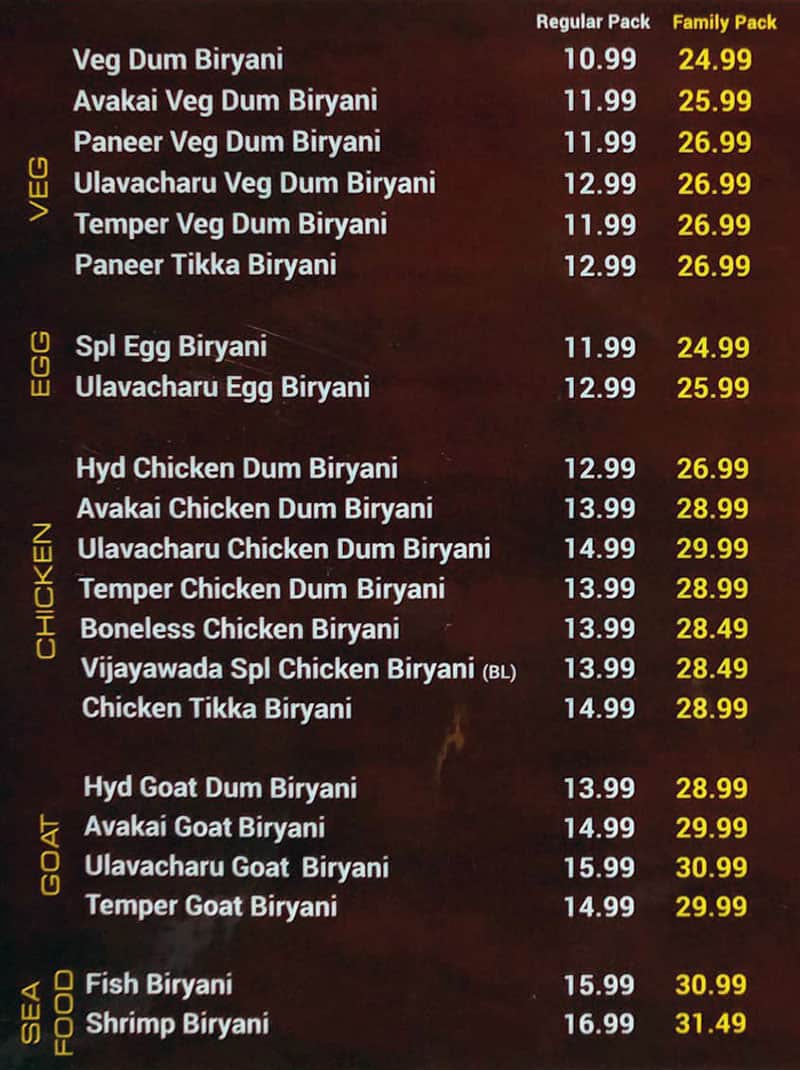 Bawarchi menu - biryanis