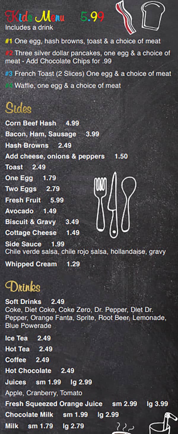 Our Kitchen Cafe menu - kids, sides, drinks