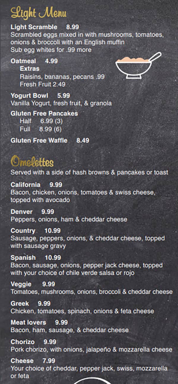 Our Kitchen Cafe menu - light menu, omelettes