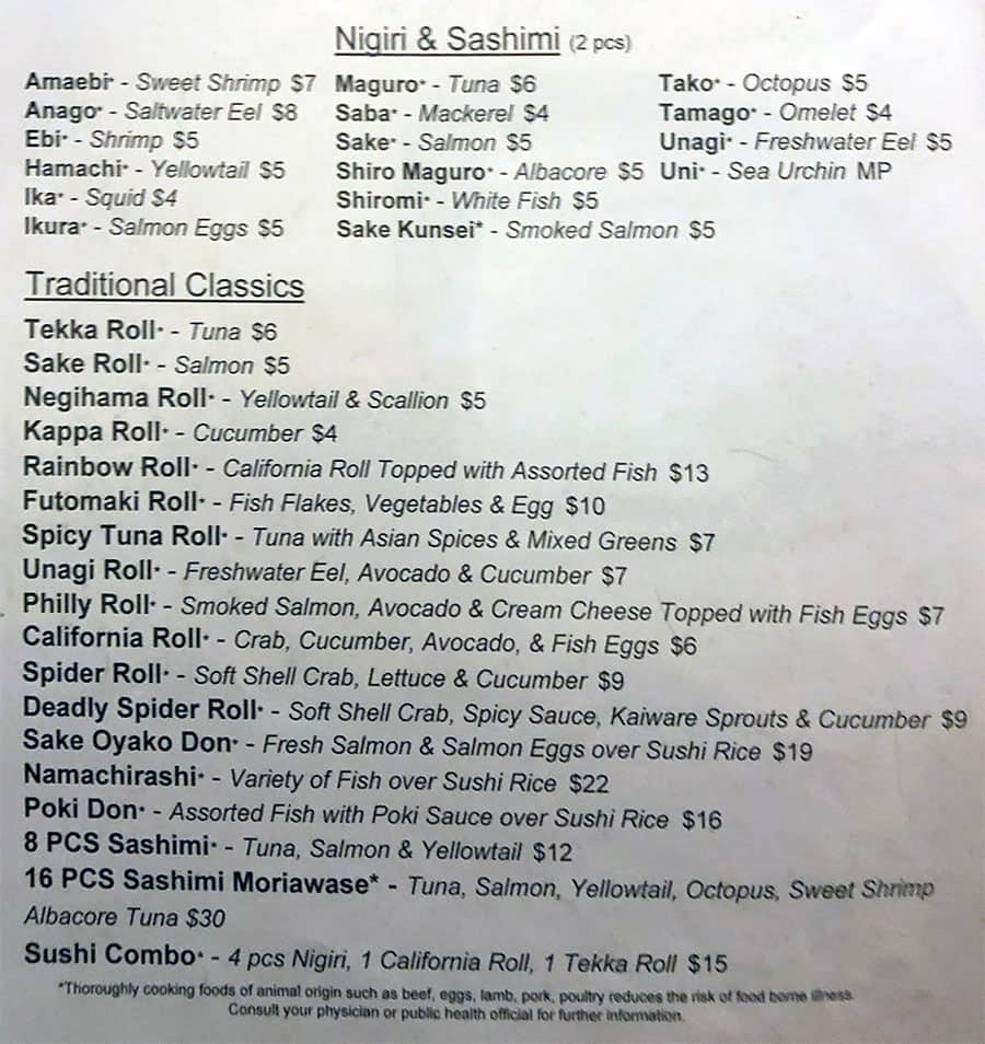 Kyoto Japanese Restaurant menu - nigiri, sashimi, traditional sushi