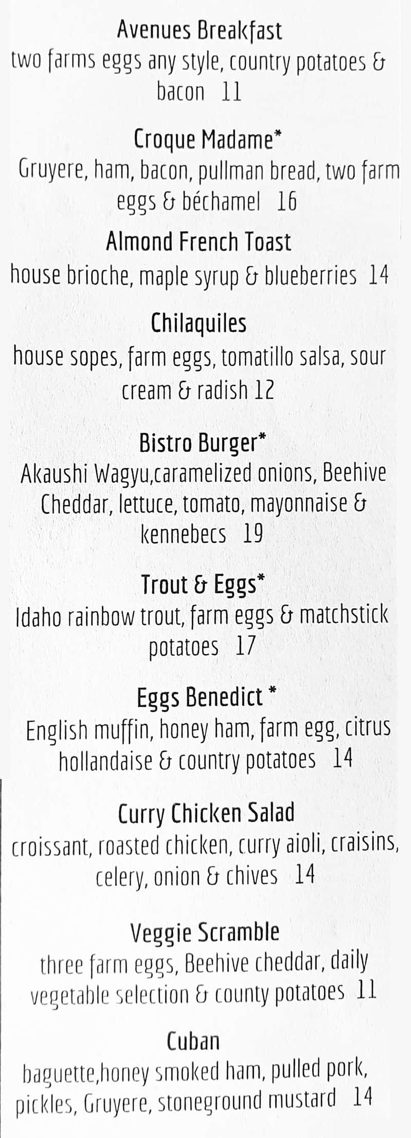 Avenues Bistro On Third brunch menu - avenues picnic