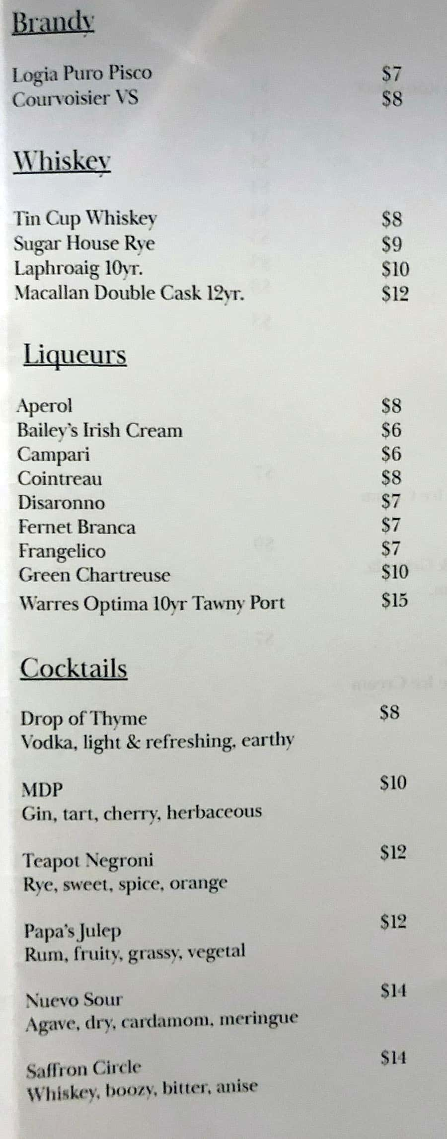 Oquirrh SLC drinks menu - liquor, cocktails