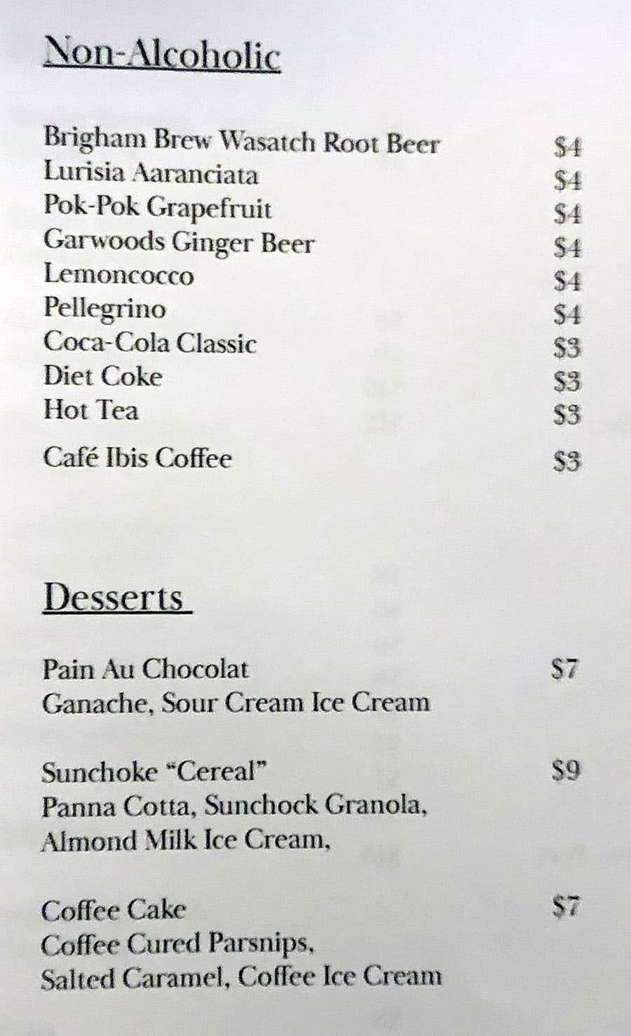 Oquirrh SLC drinks menu - non alcoholic, dessert