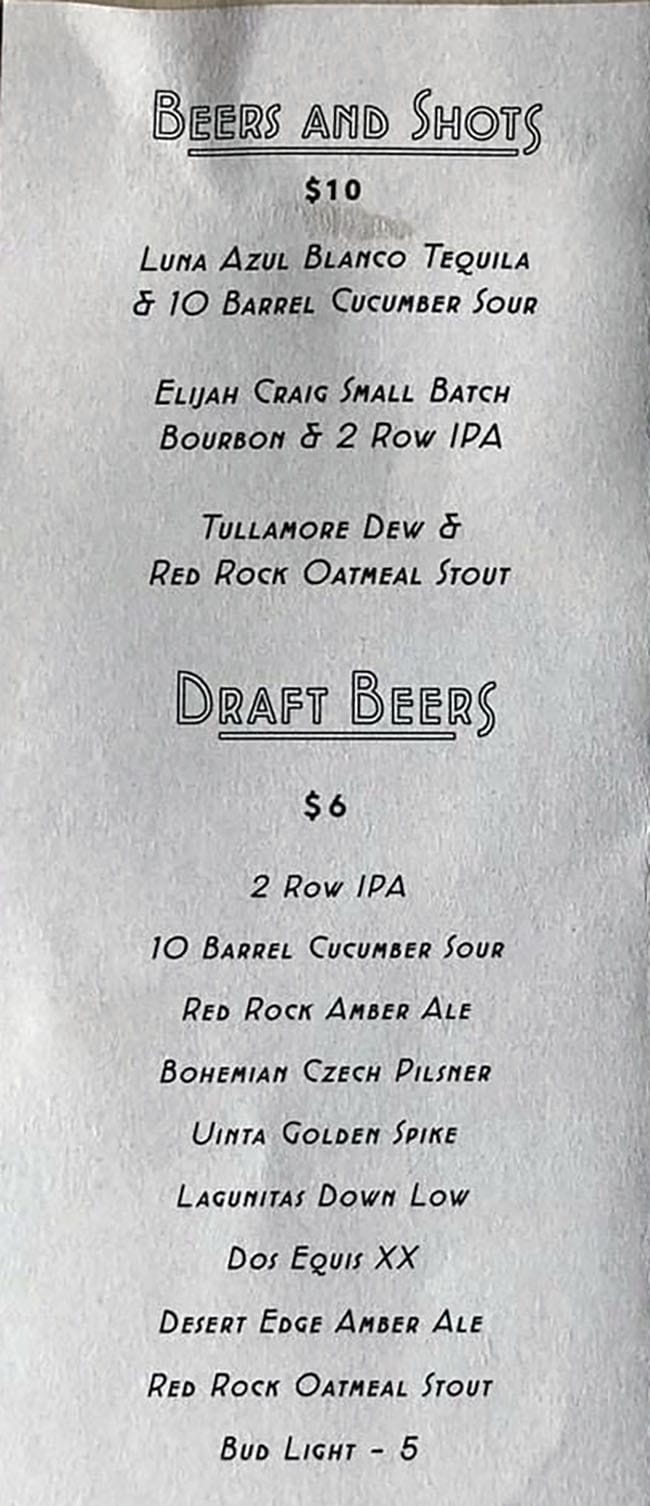 Alibi menu - beers and shots