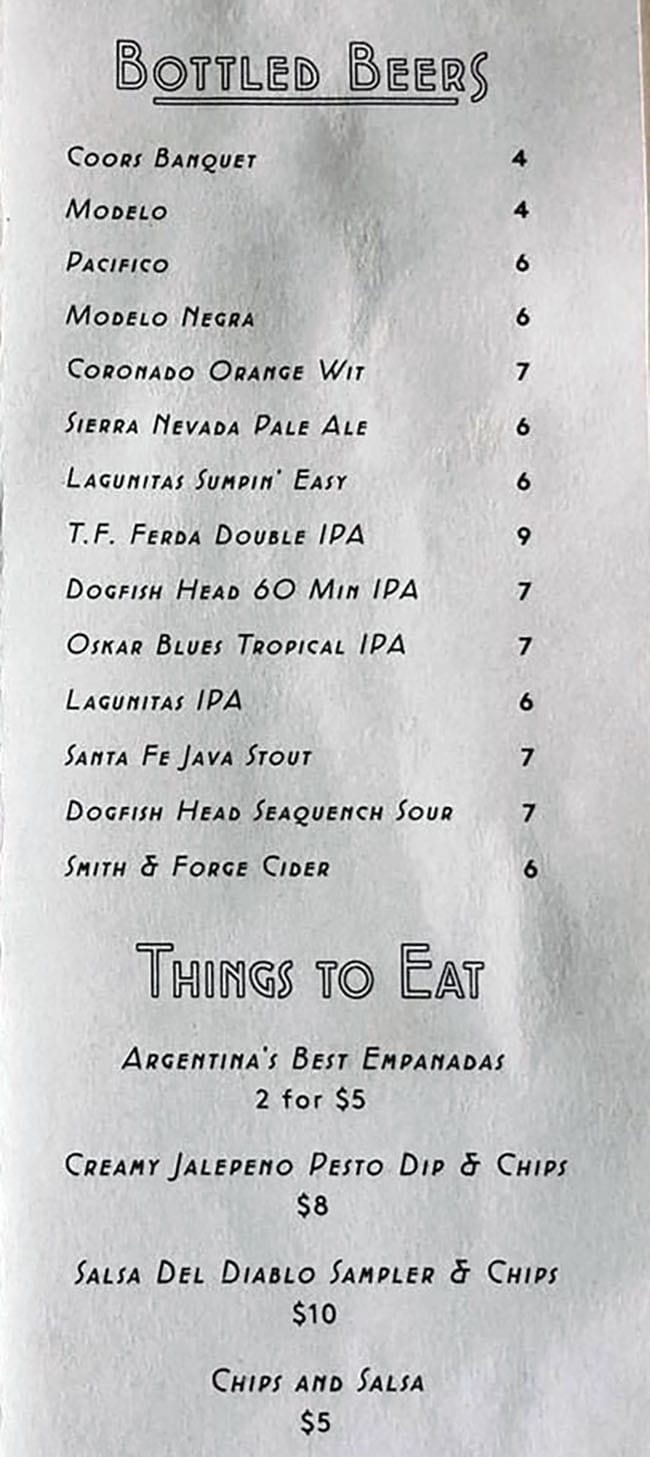 Alibi menu - beers and shots