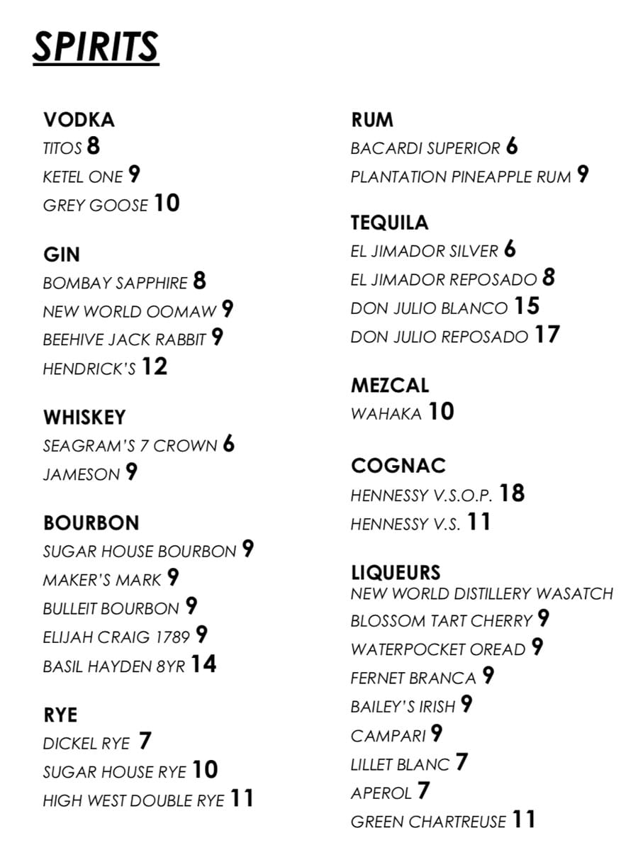 SLC Eatery menu - spirits